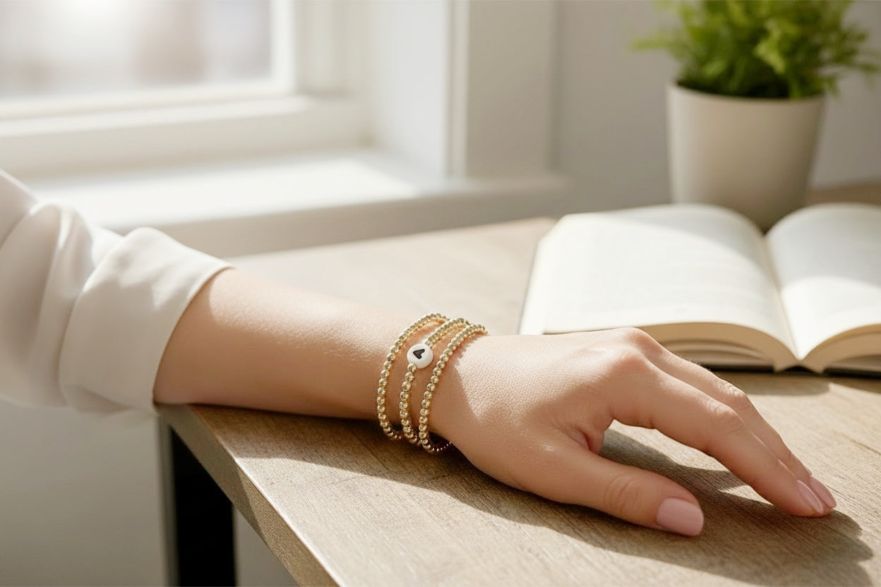 14K Gold Filled Beaded Bracelet – Dainty Stackable Gold Bracelet, Minimalist Everyday Jewelry Gift for Her