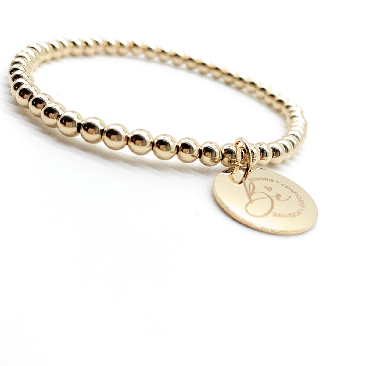 14K Gold-Filled Beaded Stretch Bracelet – Optional Engraved Charm