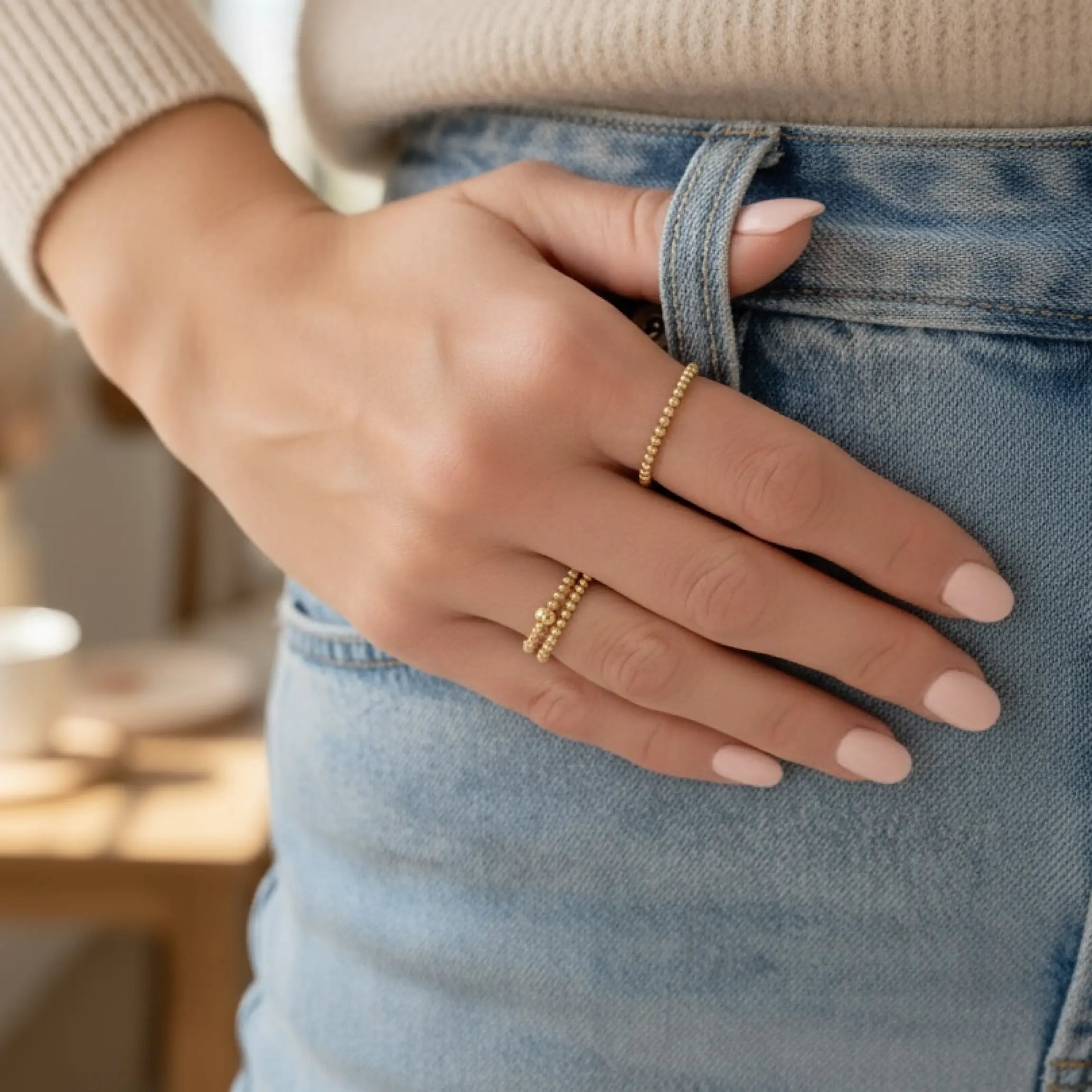 Gold Beaded Stretch Ring Savi Jewelry