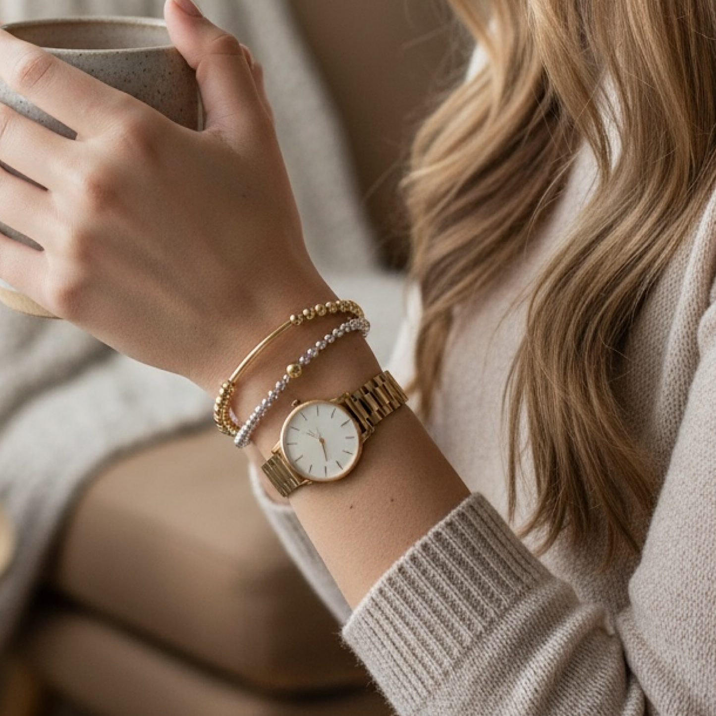 Mixed Metal Beaded Bracelet – Gold & Silver Stackable Bracelet, Minimalist Layering Jewelry Trend