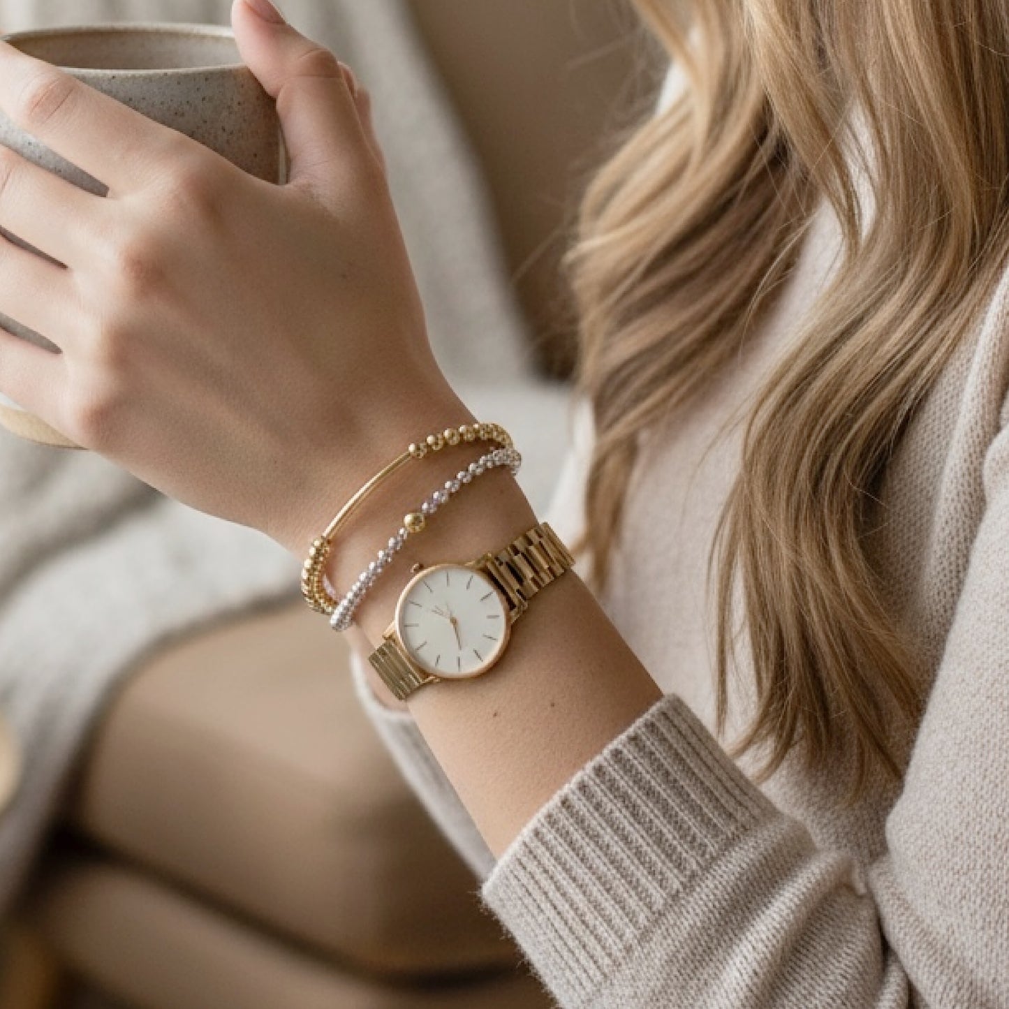 Mixed Metal Beaded Bracelet – Gold & Silver Stackable Bracelet, Minimalist Layering Jewelry Trend