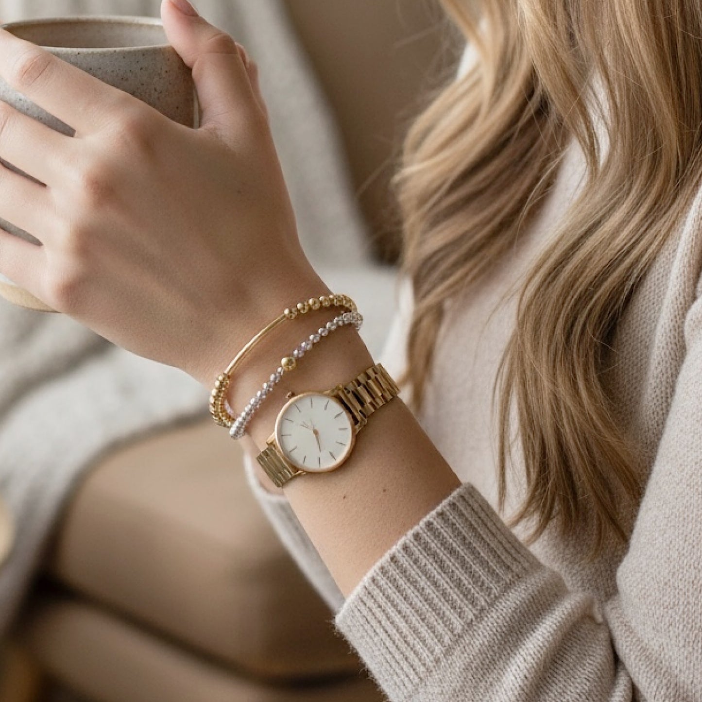 Mixed Metal Beaded Bracelet – Gold & Silver Stackable Bracelet, Minimalist Layering Jewelry Trend