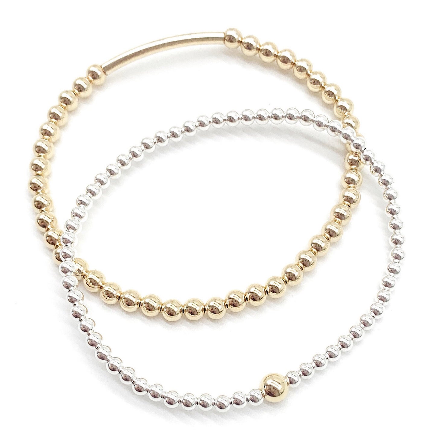 Mixed Metal Beaded Bracelet – Gold & Silver Stackable Bracelet, Minimalist Layering Jewelry Trend