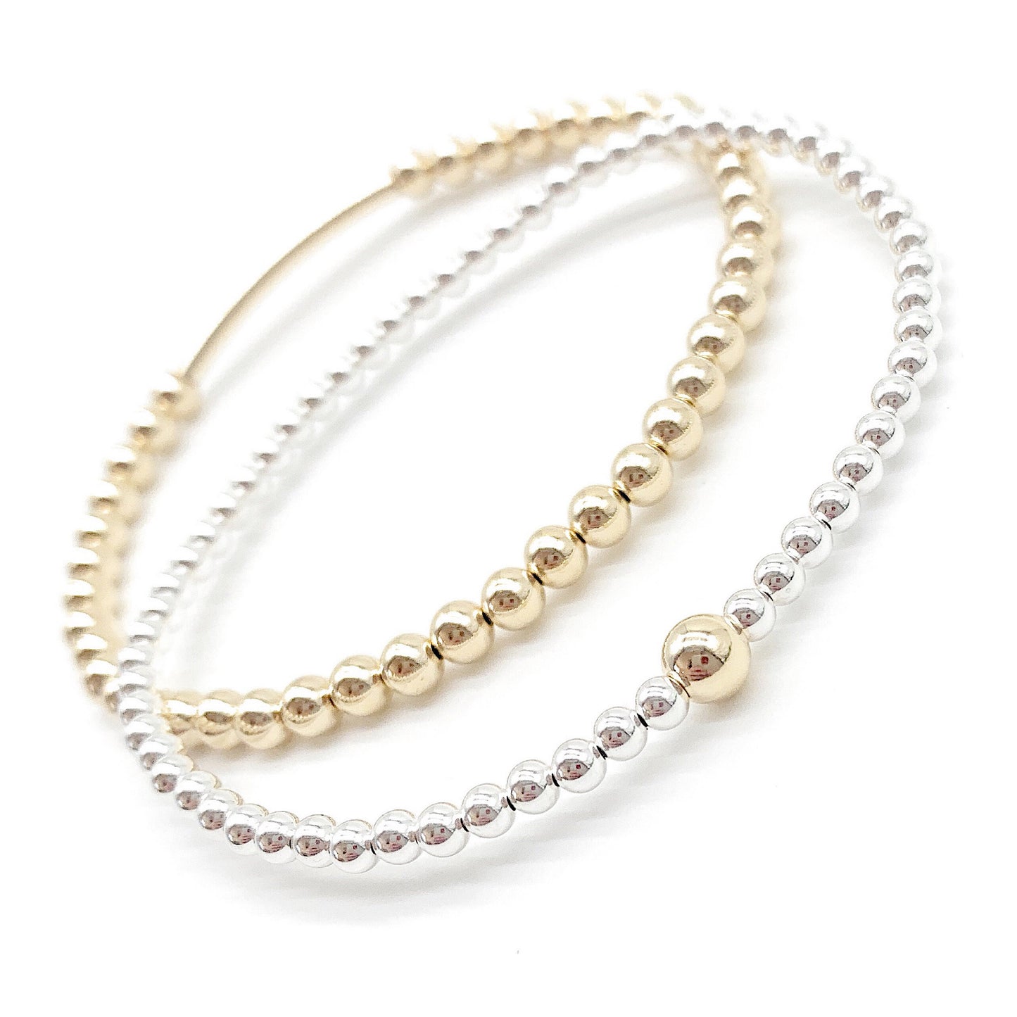 Mixed Metal Beaded Bracelet – Gold & Silver Stackable Bracelet, Minimalist Layering Jewelry Trend