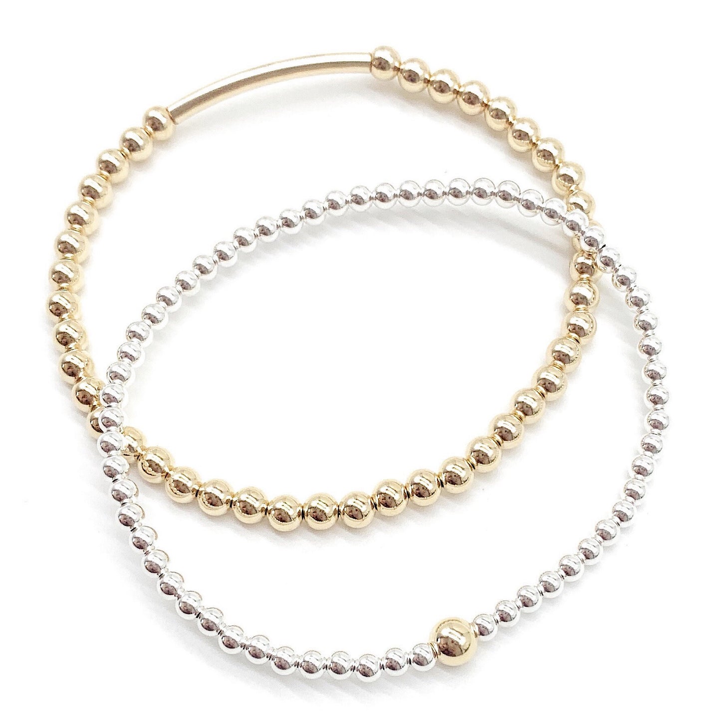 Mixed Metal Beaded Bracelet – Gold & Silver Stackable Bracelet, Minimalist Layering Jewelry Trend