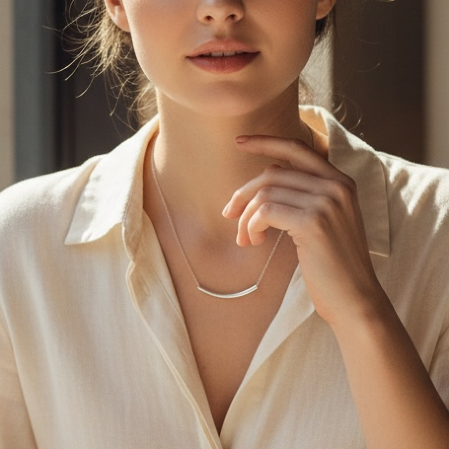 Curved Bar Necklace – Dainty Minimalist Sterling Silver Bar Necklace, Everyday Jewelry for Women