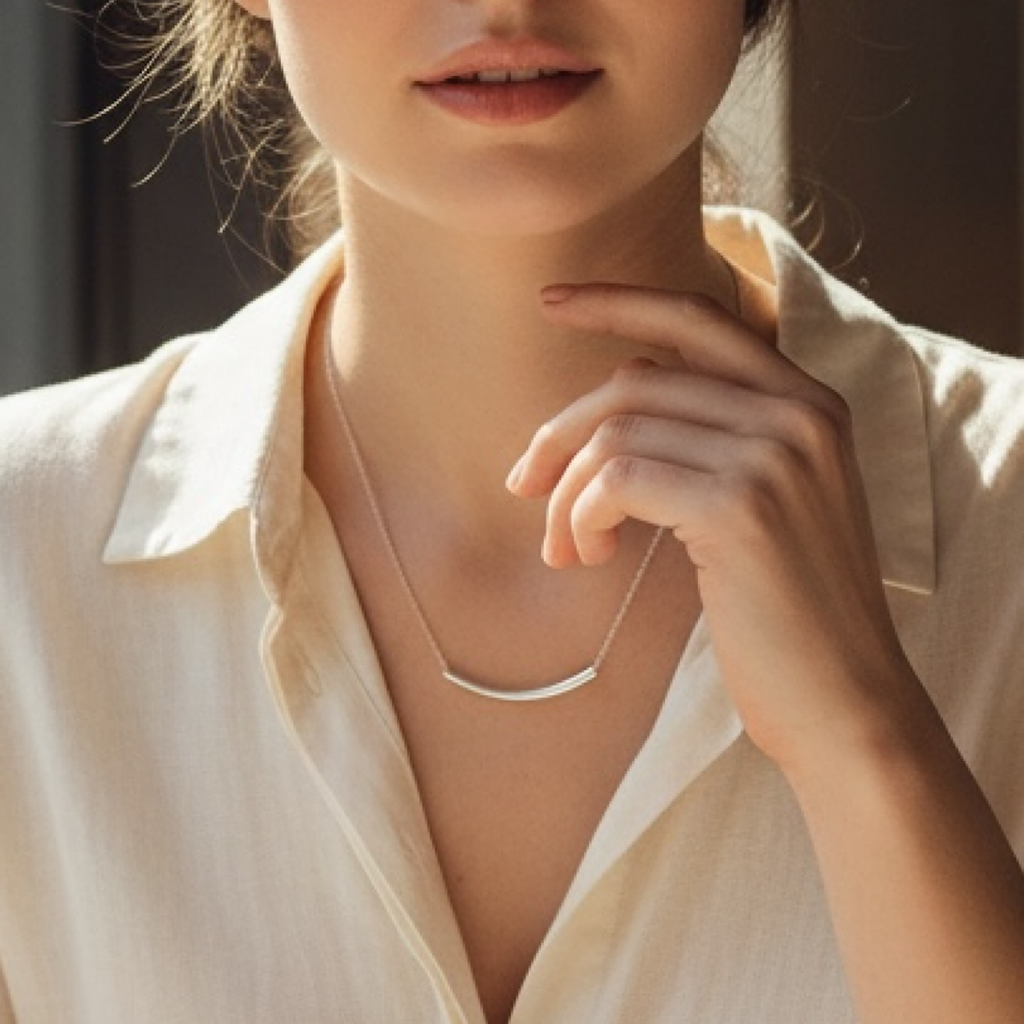 Curved Bar Necklace – Dainty Minimalist Sterling Silver Bar Necklace, Everyday Jewelry for Women