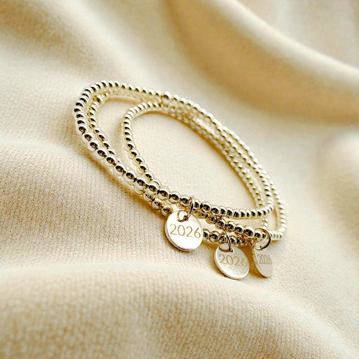 2026 Grad Charm 14K Gold Filled Beaded Stretch Bracelet