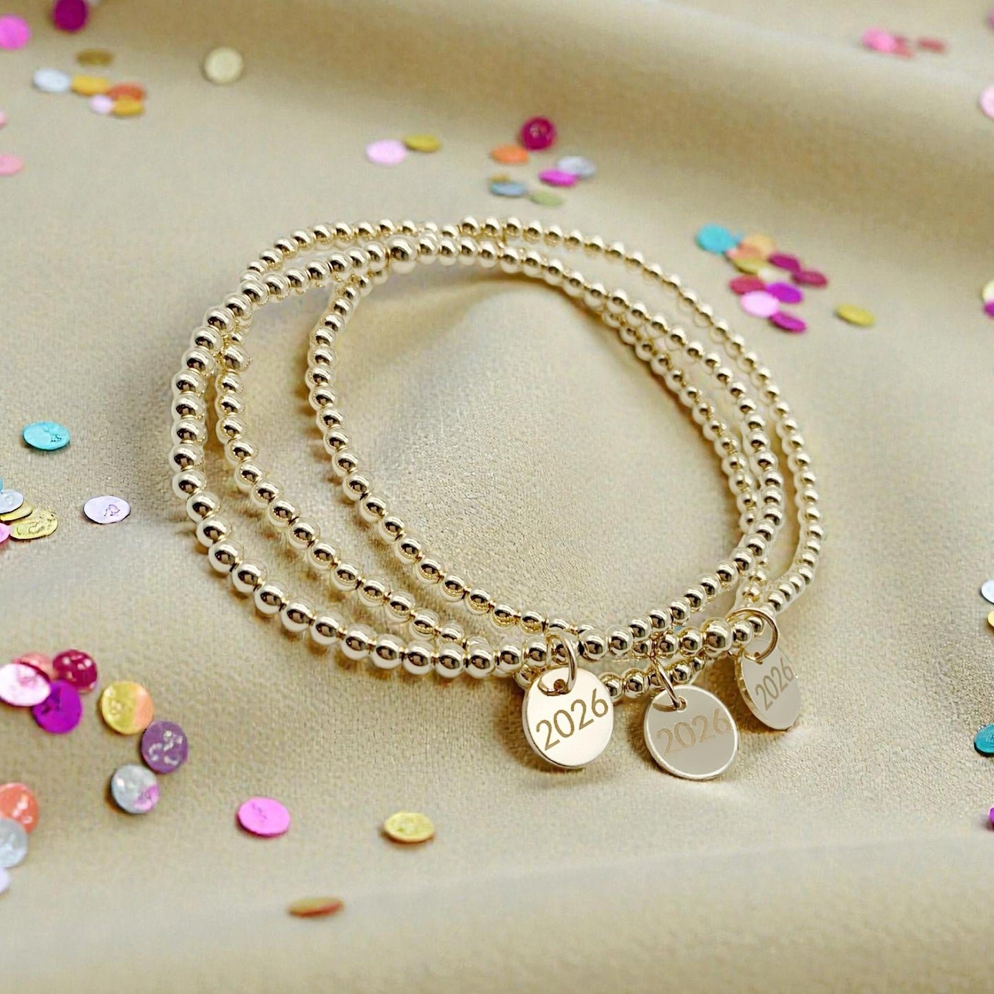 2026 Grad Charm 14K Gold Filled Beaded Stretch Bracelet