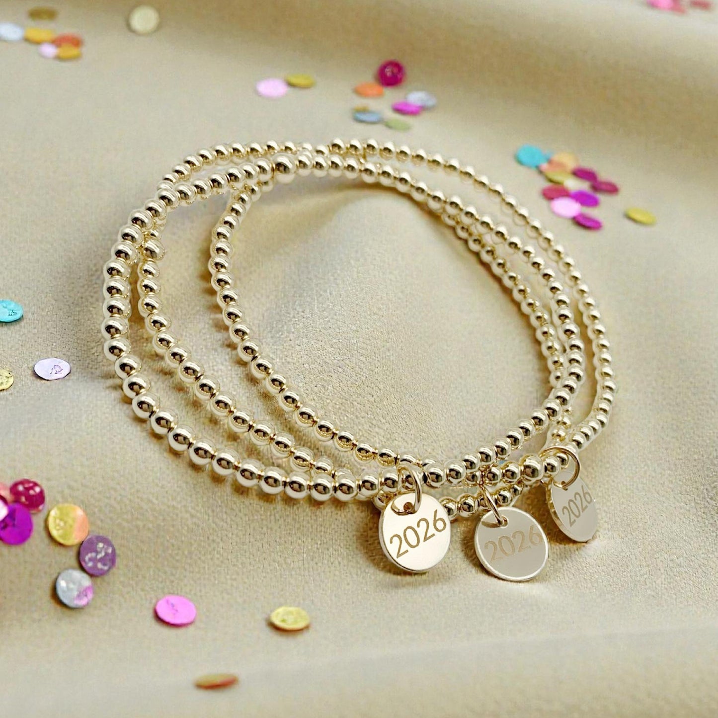 2026 Grad Charm 14K Gold Filled Beaded Stretch Bracelet