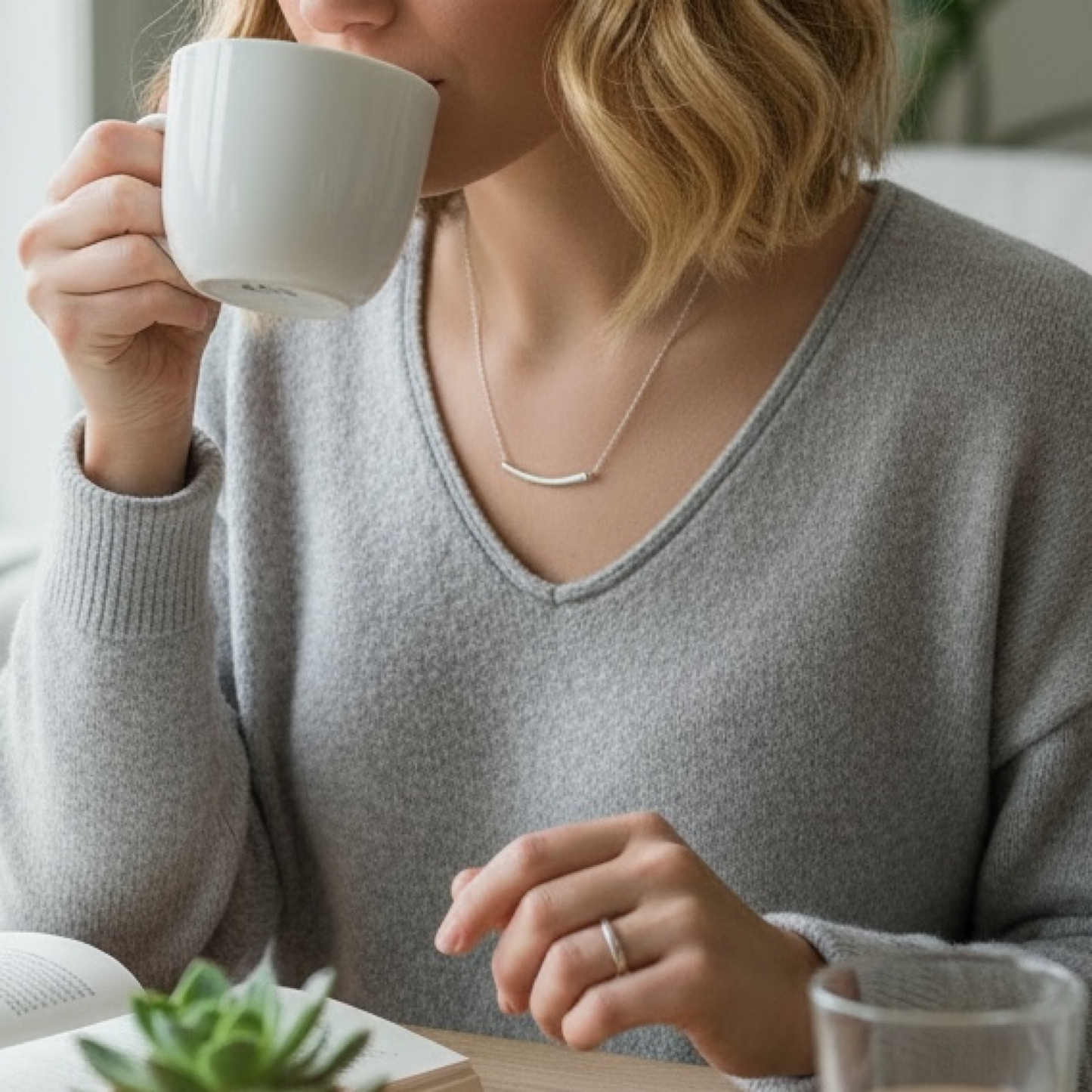 Curved Bar Necklace – Dainty Minimalist Sterling Silver Bar Necklace, Everyday Jewelry for Women