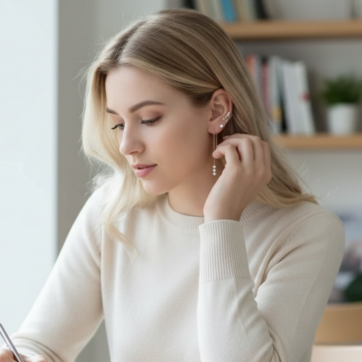A blonde woman wearing a delicate silver hoop earring and a long drop earring with small silver beads, shown in a bright indoor setting.