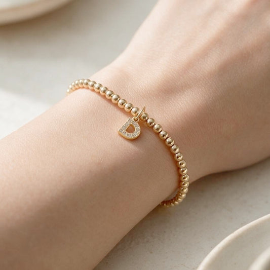 14K Gold Filled Initial Stretch Bracelet – 3mm or 4mm Beads, PVD Charm
