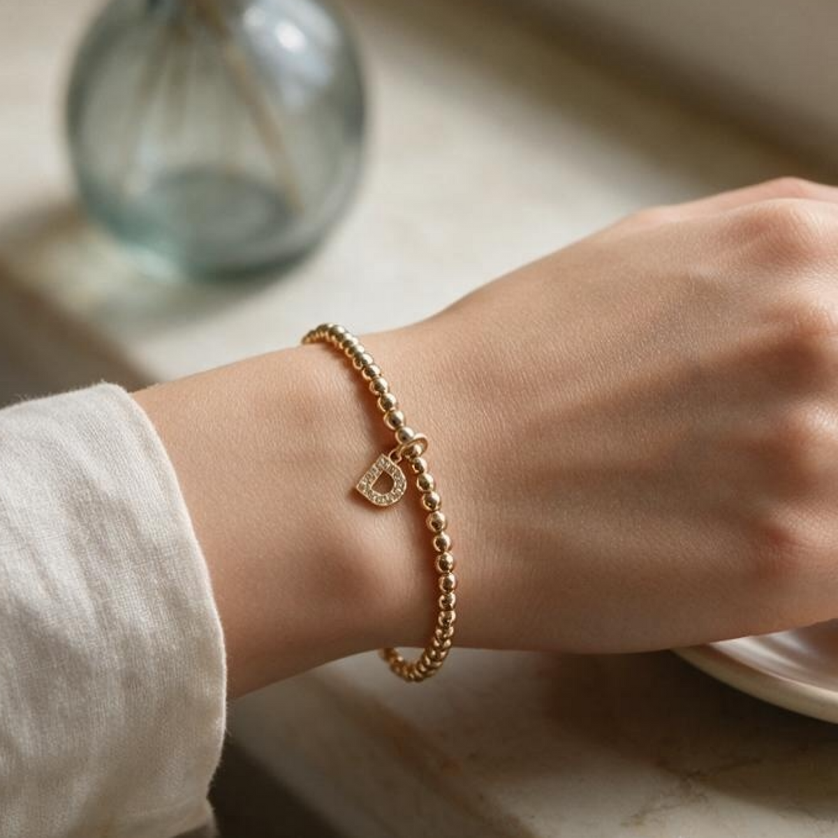 14K Gold Filled Initial Stretch Bracelet – 3mm or 4mm Beads, PVD Charm