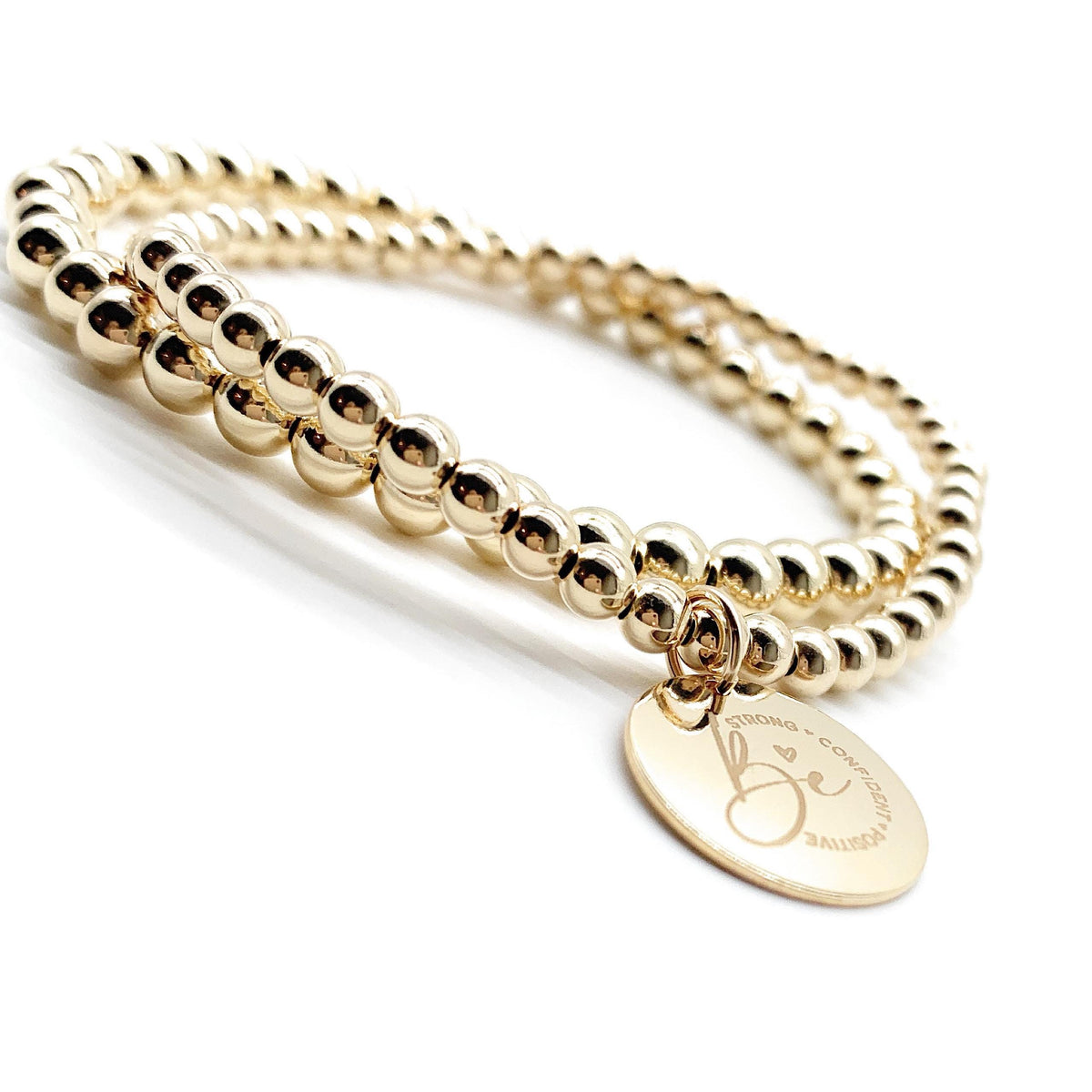 14K Gold-Filled Beaded Stretch Bracelet – Optional Engraved Charm