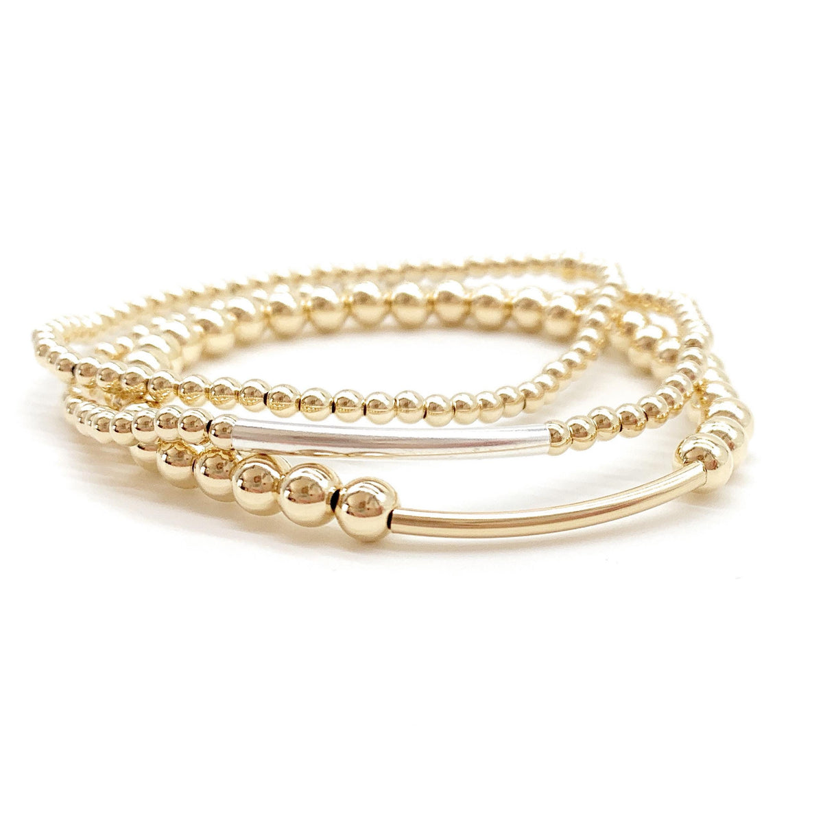 14K Gold-Filled Beaded Stretch Bracelet with Gold Bar