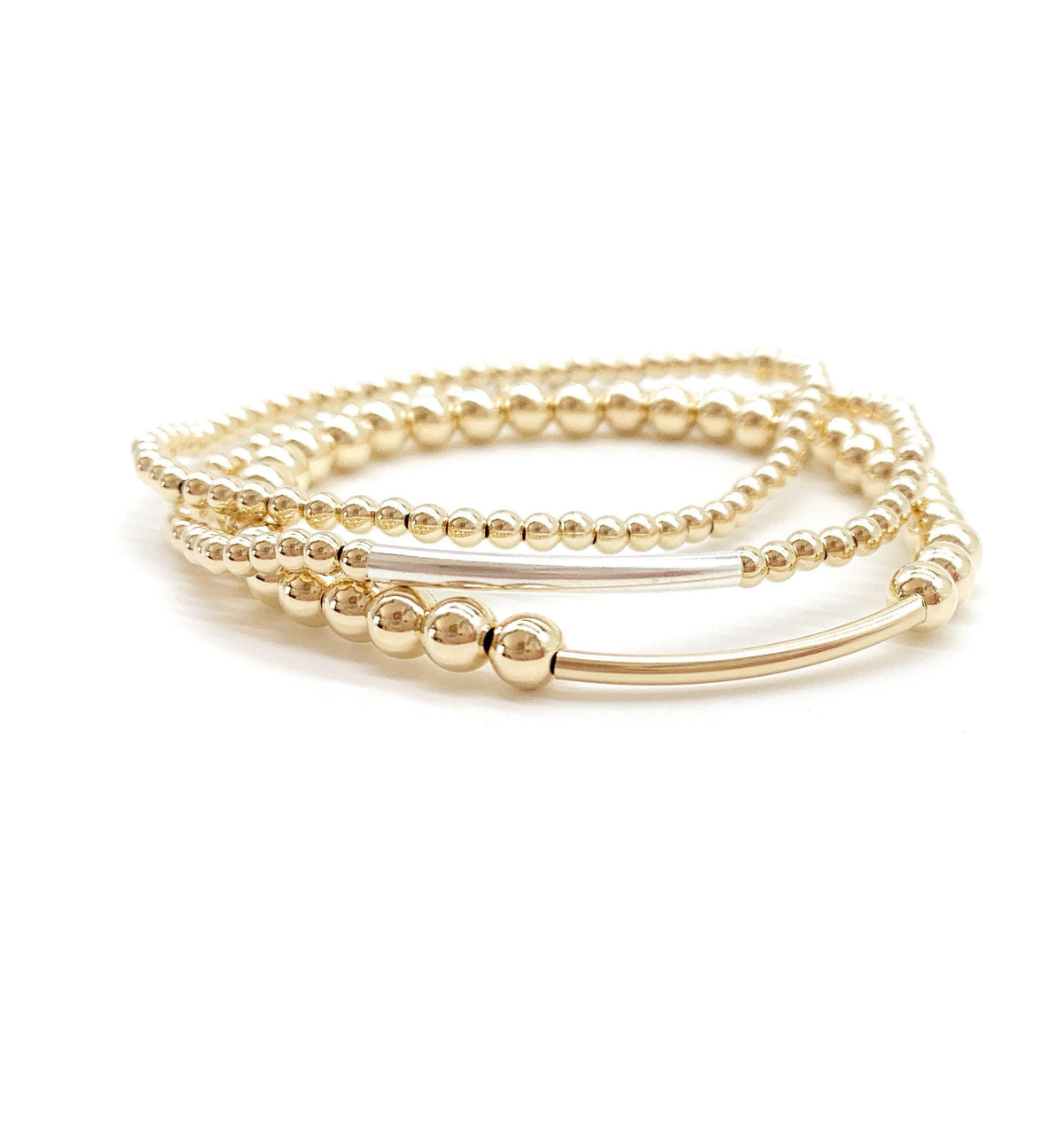 14K Gold-Filled Beaded Stretch Bracelet with Gold Bar