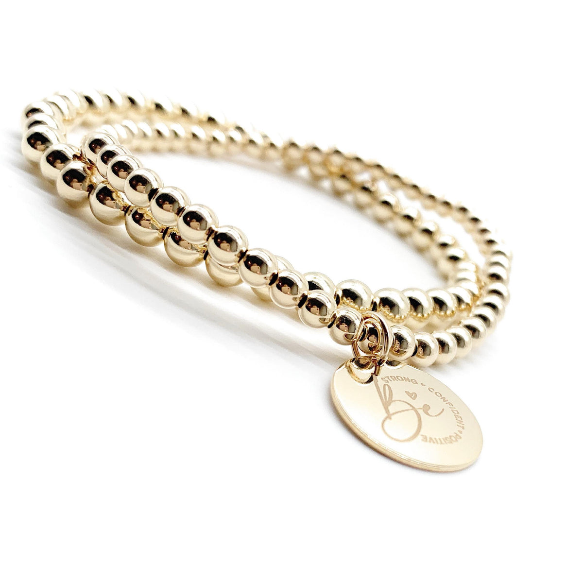 14K Gold-Filled Beaded Stretch Bracelet – Optional Engraved Charm