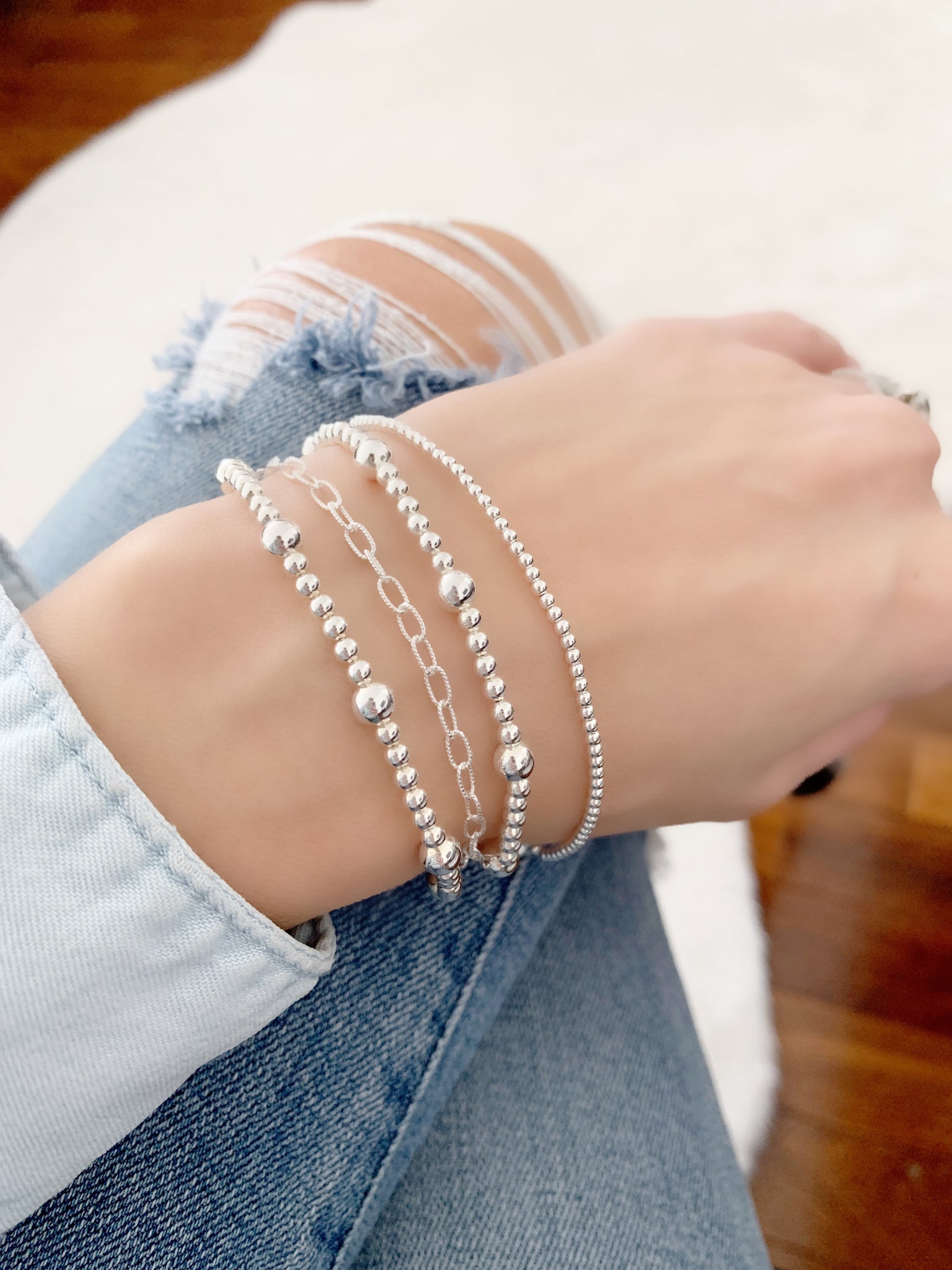 set of 4 sterling silver bead bracelets, sterling silver bracelet
